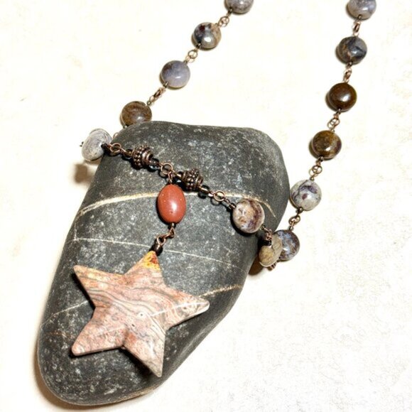 Natural Earthy Agate Star Pendant Long Necklace, Genuine Gemstone + Copper Links - Picture 4 of 16